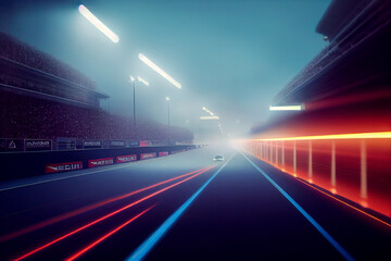 Race Track Arena with Spotlights. Empty Racing track with grandstands, shooting in the middle of the racing track and starting point. 3d render