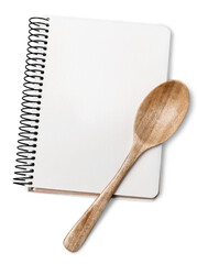 Open blank notebook  and wooden spoon on a white background