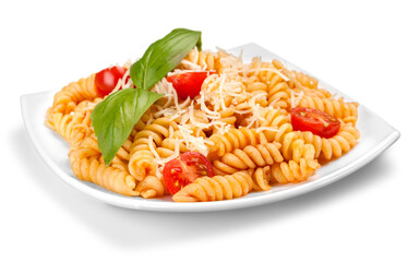A baked dish of fusilli or pasta spirals, with cherry tomatoes, ricotta and parmesan