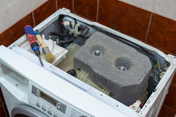 Concept of professional repair the washing machine. Washing machine service and maintenance.