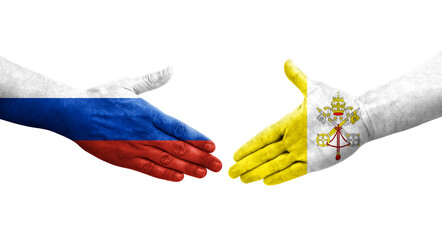 Handshake between Holy See and Russia flags painted on hands, isolated transparent image.