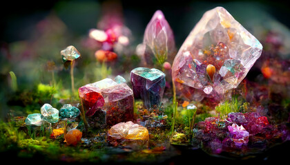 Enchanted Luxurious Gemstone in Natural Garden Space, Enchanted Garden Full of Natural Precious Gemstone