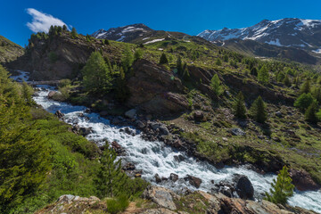 Fototapeta na wymiar River stream in the mountains, Stelvio national park at clear sky, Italian alps