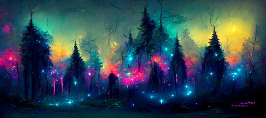 Fototapeta na wymiar Fairytale Fantasy Night Forest Landscape with Magical Glows, Beautiful Magical Colorful Forest Night Neon Lights Glows