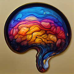 Human Brain Illustration, Colorful Human Brain Side View, Spectrum Brain Fluid Art Painting, Multicolored Brain Connections, Creative Human Mind Hemisphere.
