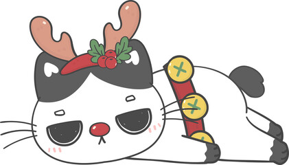 cute lazy kitten cats with Christmas reindeer antlers cartoon hand drawing
