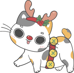 cute calico bobtail kitten cats with Christmas reindeer antlers cartoon hand drawing