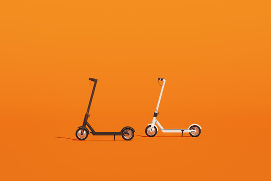 Eco green sport equipment scooter on orange background. Black and white modern Eco Electric Kick Scooter . 3d Rendering
