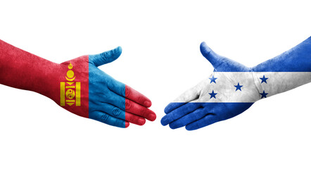 Handshake between Honduras and Mongolia flags painted on hands, isolated transparent image.