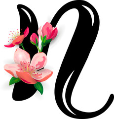 Hand drawn letter N with  spring pink flowers isolated on white background.