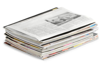Pile of newspapers on white background