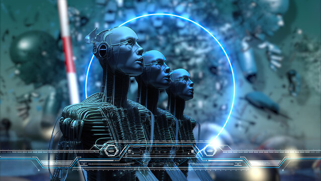 3d illustration -  futuristic metallic science fiction  humanoid cyborgs