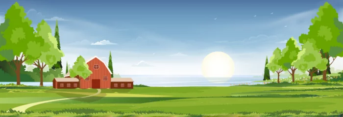 Schilderijen op glas Spring landscape at village by the lake with green fields,mountain, blue sky and clouds, Vector nature cartoon scenery Summertime,Panoramic rural countryside by river with clear sky in morning © Anchalee