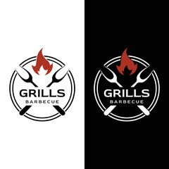 Grilled barbecue typography Logo design with crossed fire and spatula.Logos for restaurants, cafes and bars.