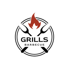 Grilled barbecue typography Logo design with crossed fire and spatula.Logos for restaurants, cafes and bars.