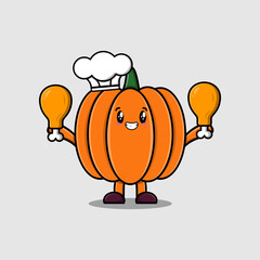 Cute cartoon Pumpkin chef character holding two chicken thighs in flat cartoon style illustration