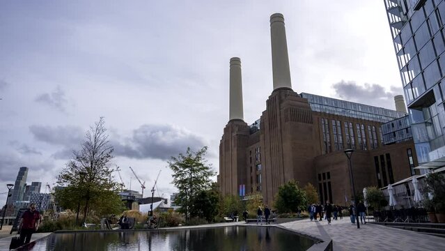 Timelapse of the Battersea Power Station redevelopment. The iconic London landmark building being gentrified converted into exclusive shopping mall. 