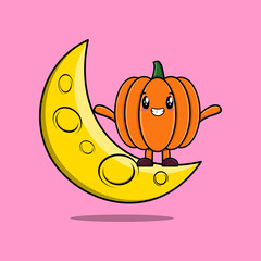 Cute cartoon Pumpkin character standing on the crescent moon in 3d modern design illustration