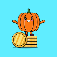 Cute cartoon Pumpkin character standing in stacked gold coin vector illustration in flat cartoon 