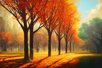 Naklejka na ściany i meble Autumn Trees in the City Park Background, Concept Art, Digital Illustration, Generative AI