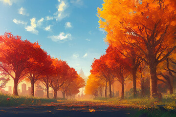 Autumn Trees in the City Park Background, Concept Art, Digital Illustration, Generative AI