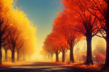 Obraz na płótnie Canvas Autumn Trees in the City Park Background, Concept Art, Digital Illustration