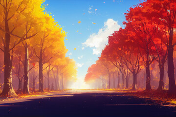 Naklejka na ściany i meble Autumn Trees in the City Park Background, Concept Art, Digital Illustration