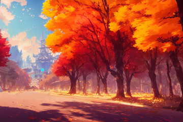 Naklejka na ściany i meble Autumn Trees in the City Park Background, Concept Art, Digital Illustration