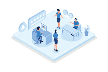 Obraz na płótnie Canvas People asking a questions and receiving answers from helpdesk, Customer support, isometric vector modern illustration