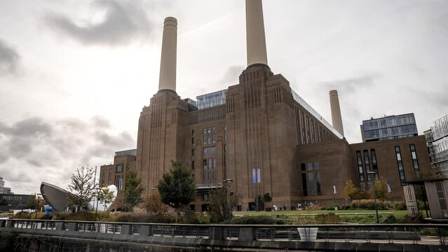 Timelapse of the Battersea Power Station redevelopment. The iconic London landmark building being gentrified converted into exclusive shopping mall. 