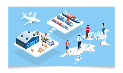 3D isometric Smart global logistics concept with Export, Import, Warehouse business, Robot tracking system and transportation truck use wireless technoloty. Eps10 vector illustration