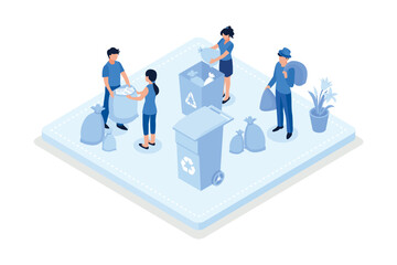 Obraz na płótnie Canvas Characters collecting waste in recycle garbage bin, Environmental care and volunteerism concept, isometric vector modern illustration