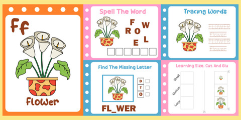worksheets pack for kids with flower vector. children's study book