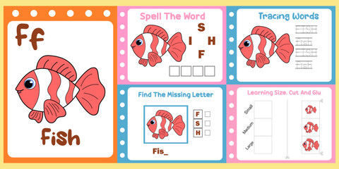 Fototapeta na wymiar worksheets pack for kids with fish vector. children's study book
