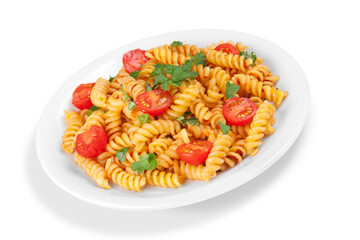 Pasta fusilli with bolognese tomato beef sauce on the kitchen table