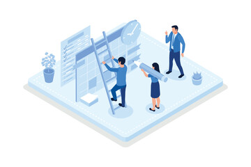 Characters filling to do list and daily planner. Daily planning concept, isometric vector modern illustration