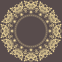 Oriental vector yellow round frame with arabesques and floral elements. Floral border with vintage pattern. Greeting card with circle and place for text