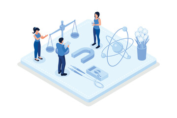 Physics school subject concept. Scientist explore electricity, magnetism, light wave and forces. Theoretical and practical study. Physics course and lesson, isometric vector modern illustration