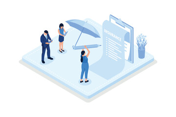 Auto insurance, Character signing full coverage insurance policy, isometric vector modern illustration