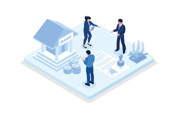 Business characters purchasing bonds or stock on capital market Financial and stock trading concept isometric vector modern illustration