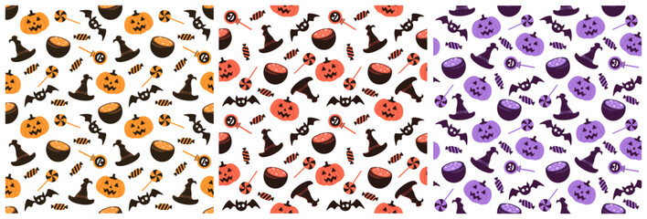 Set of Halloween Seamless Pattern Design With Witch, Haunted House, Pumpkins or Bats in Template Hand Drawn Cartoon Flat Illustration