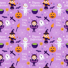 Obraz premium Halloween Seamless Pattern Design With Witch, Haunted House, Pumpkins or Bats in Template Hand Drawn Cartoon Flat Illustration