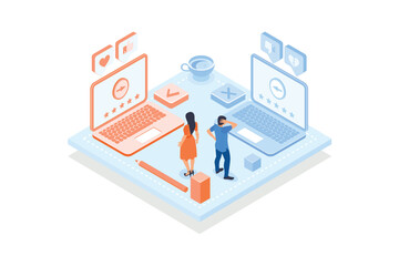 Conceptual template with man and woman looking at laptop computers with five star rating. Scene for user feedback page, positive review, approval by customers, isometric vector modern illustration