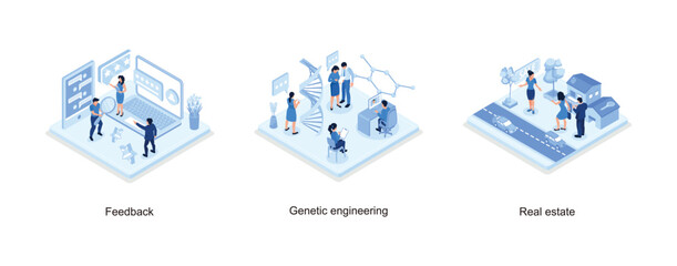 People Characters Giving Five Star Feedback, Genetic engineering concept, Mobile App for Searching Houses for Renting or Buying Online, set isometric vector illustration