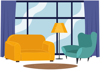 Living room interior with two armchairs next to window with plants on carpet. Modern home decor and decoration. Stylish cozy chair in livingroom interior background concept for arrangement design