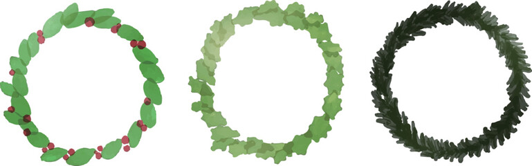 Fototapeta premium 水彩画。水彩タッチのモミの木リースベクターイラスト。クリスマスのリースイラスト。Watercolor painting. Fir tree wreath vector illustration with watercolor touch. Christmas wreath illustration.