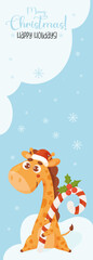 Fototapeta premium Christmas poster with cute giraffe in santa hat with caramel stick on blue background with snowflakes. Vector illustration. vertical template for design, holiday cards, banners, print and decor