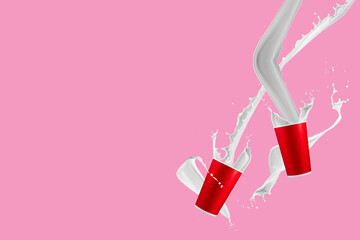 Paper cups with milk splashes on pink background. Disposable cup with white milk splashes. ready for design. mockup