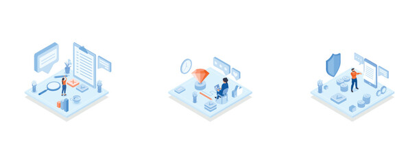 Conceptual template with woman filling in form or answering questions, Conceptual template with woman working on keyboard connected to platform with diamond, Conceptual template with man looking at pa