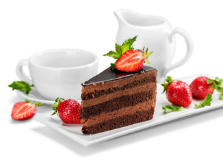 slice of delicious chocolate cake over white (with sample text)